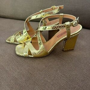Rachel Comey Gold Snake Print Heels Sandals US 7 Cross Open Toe / Good Used